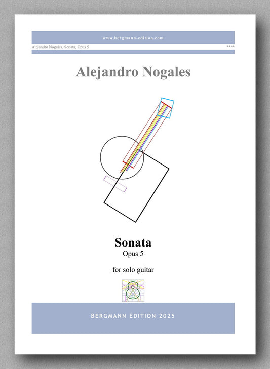 Sheet music cover for 'Sonata Opus 5' by Alejandro Nogales with a guitar illustration on a white background.