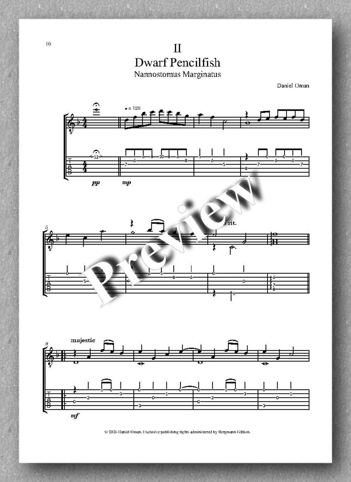 Sheet music for 'Dwarf Pencilfish' by Daniel Oren on a gray background