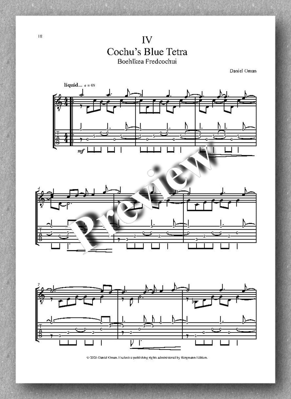 Sheet music for 'Cochu's Blue Tetra' by Daniel Oren on a gray background