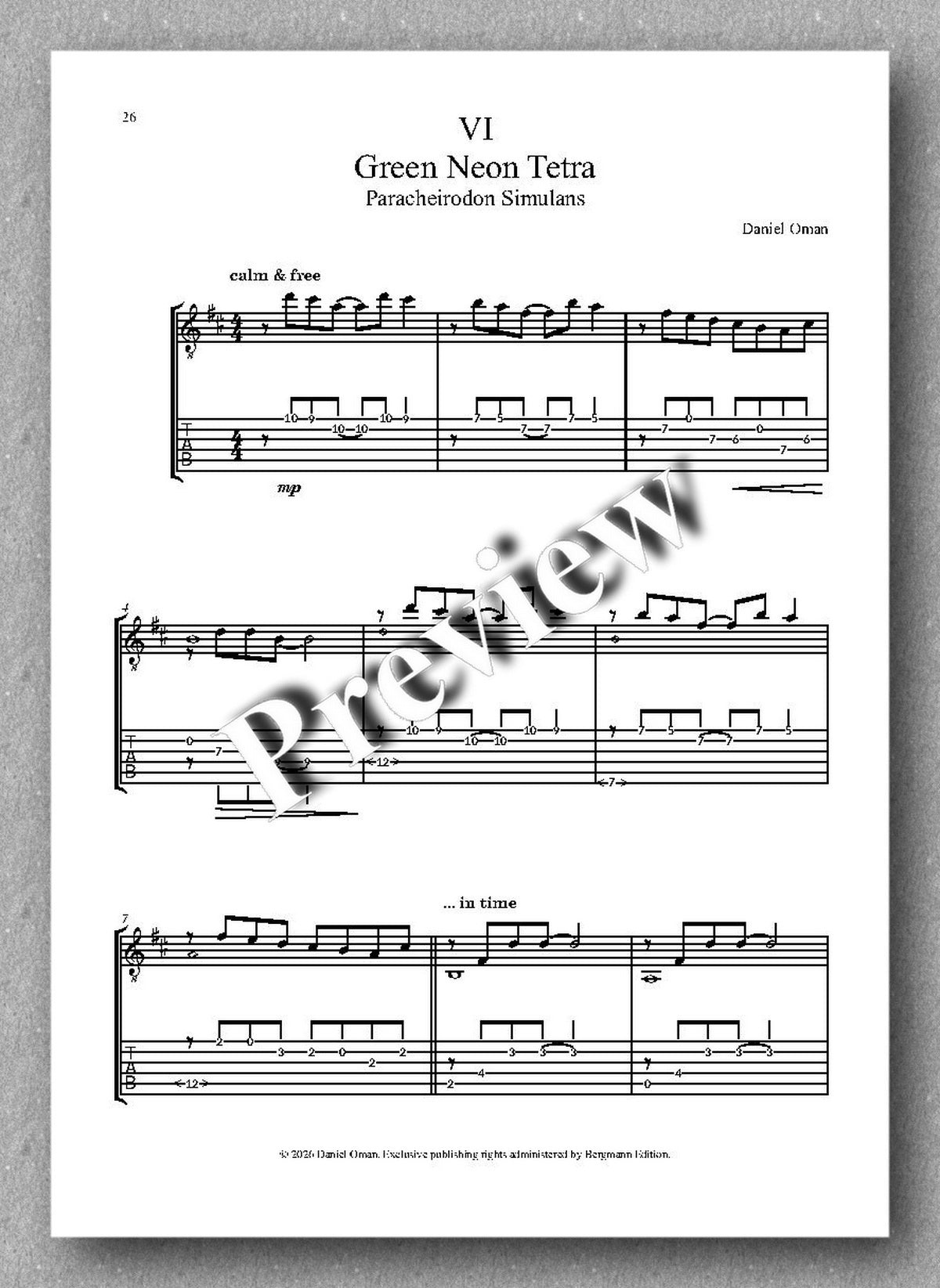 Sheet music for 'Green Neon Tetra' by Daniel Oren on a gray background