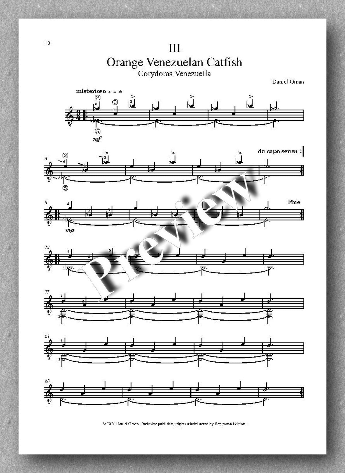 Sheet music for 'Orange Venezuelan Catfish' by Daniel Orban on a white background