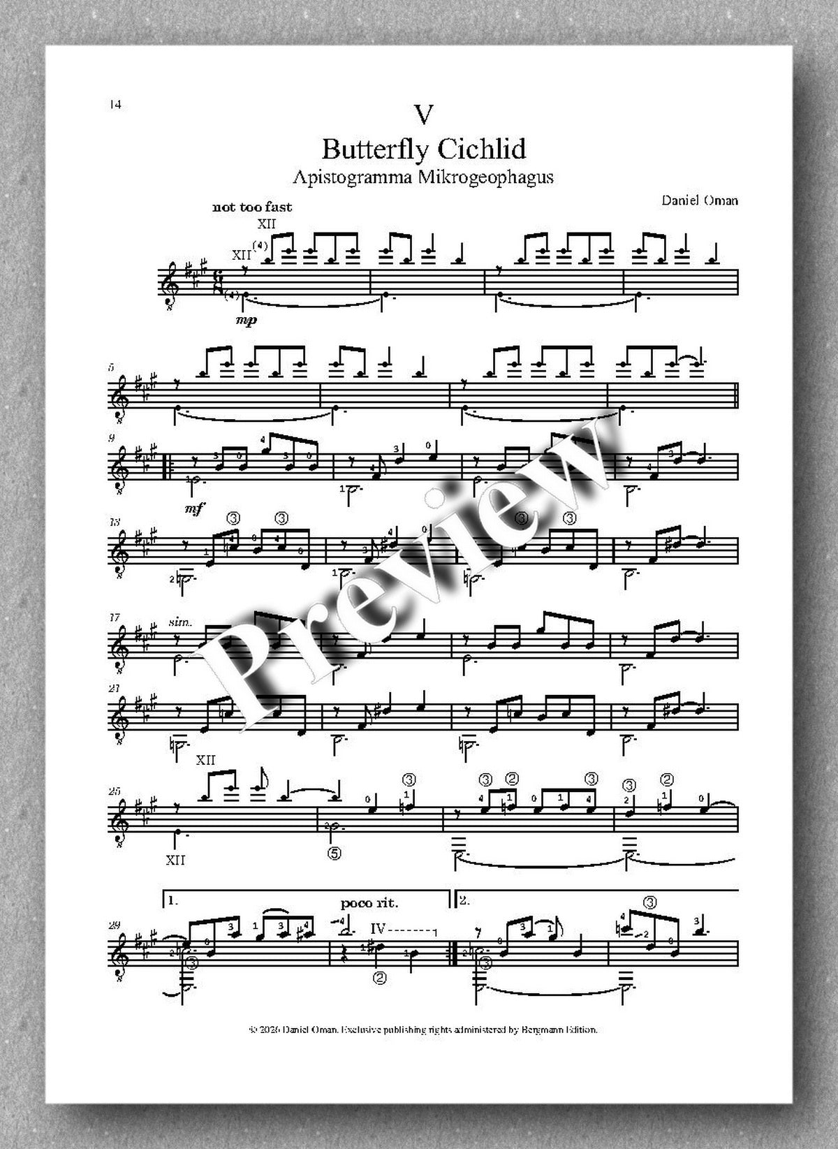 Sheet music for a butterfly cichlid with decorative text overlay on a gray background