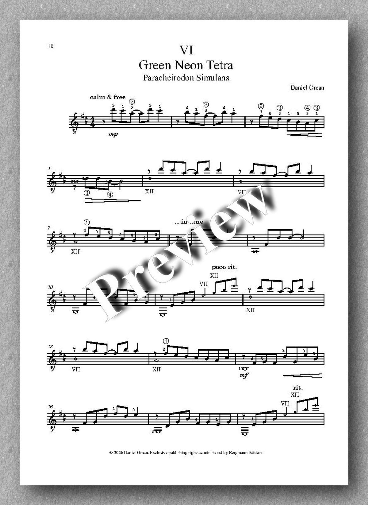 Sheet music for 'Green Neon Tetra' by Daniel Orten on a white background