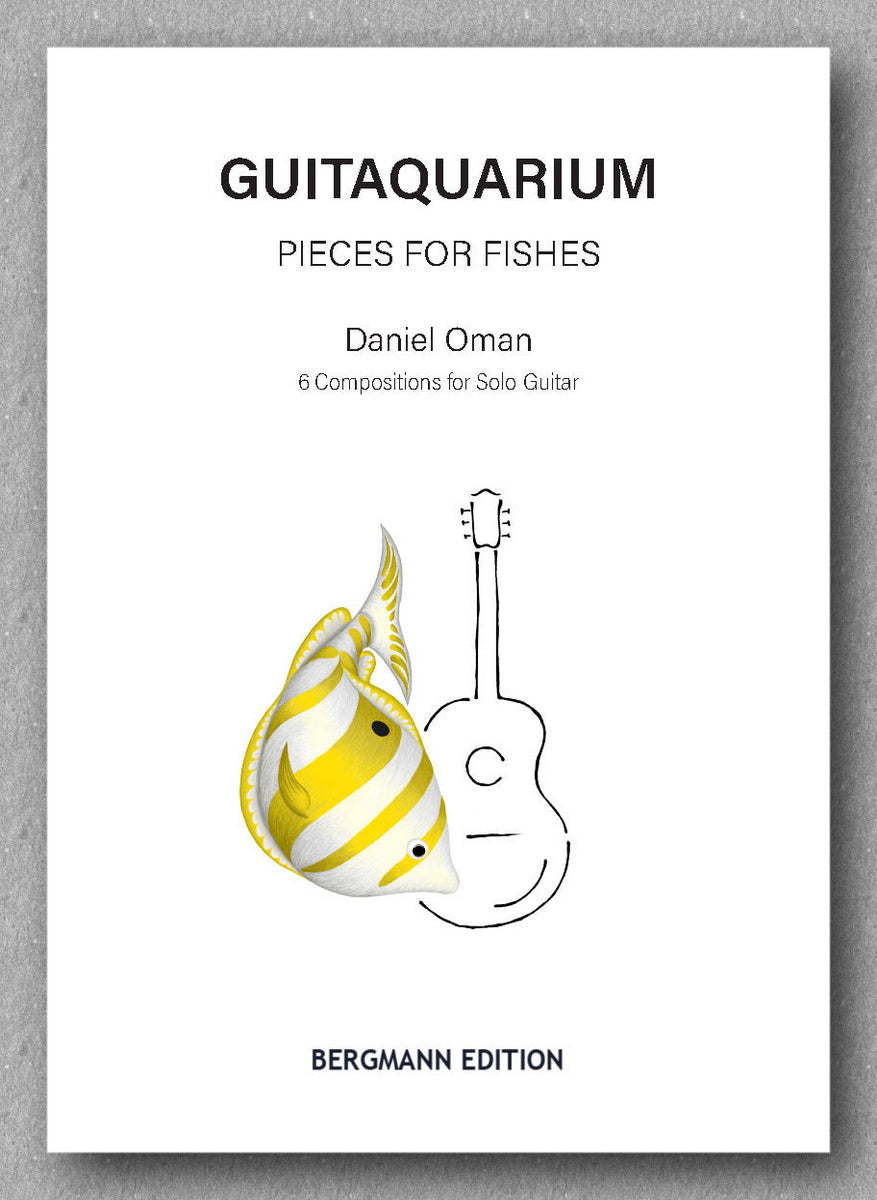 Book cover of 'Guitaquarium' by Daniel Oman with a fish and guitar illustration on a white background.