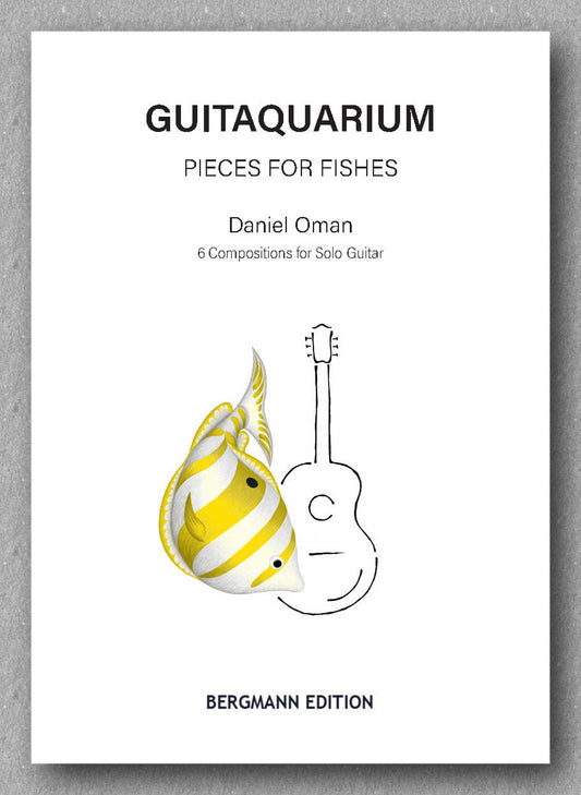 Book cover of 'Guitaquarium' by Daniel Oman with a fish and guitar illustration on a white background.