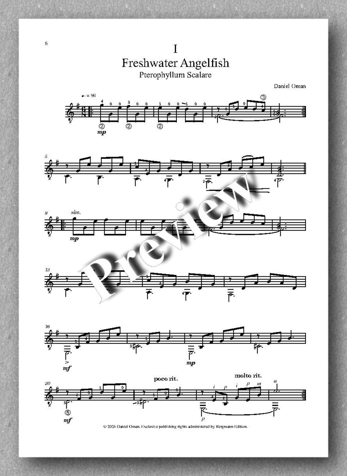 Sheet music for 'Freshwater Angelfish' by David Owen on a white background