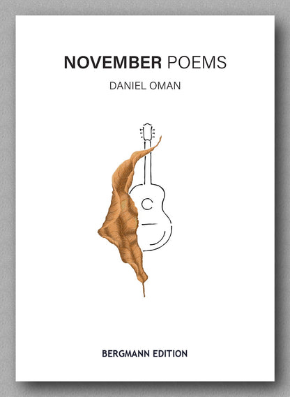 Book cover of 'November Poems' by Daniel Oman with a guitar and abstract figure illustration on a white background.