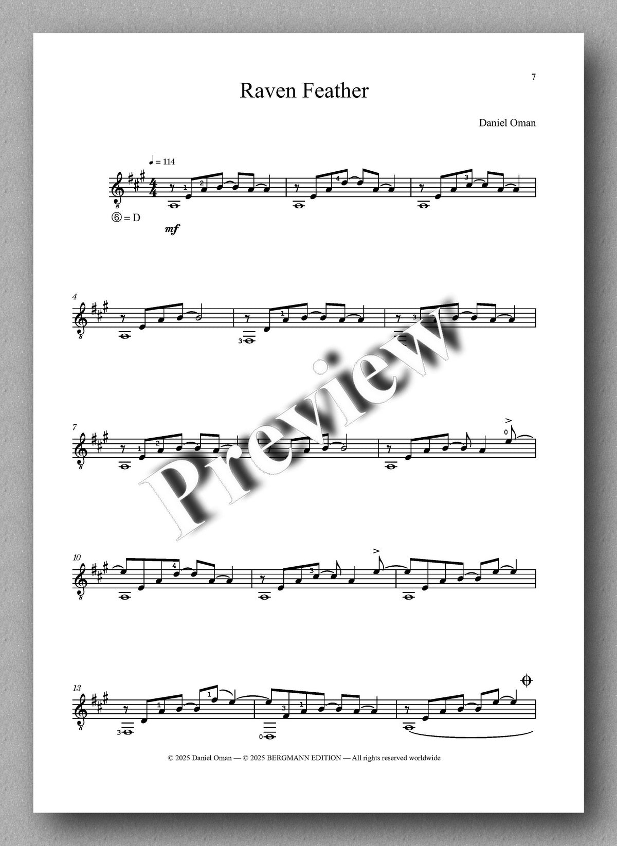 Sheet music for 'Raven Feather' by Daniel Oman with a watermark overlay.