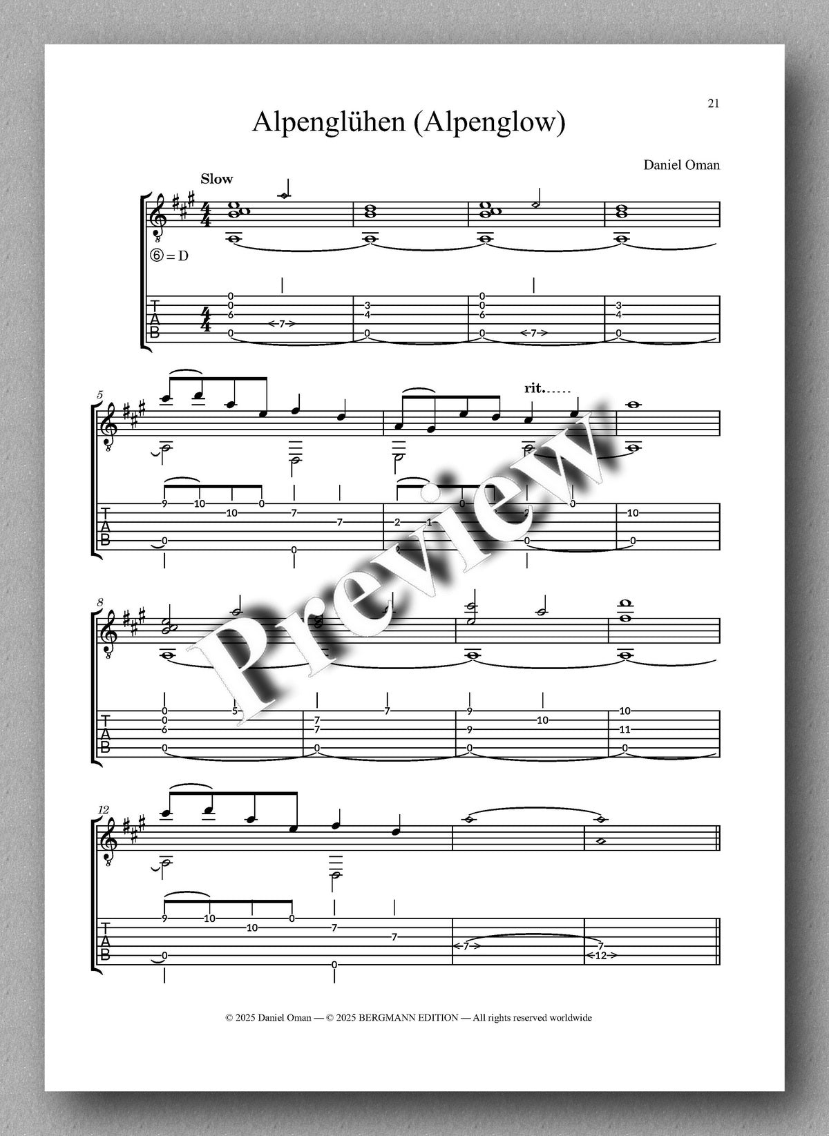 Sheet music for 'Alpenglähnen (Alpenglow)' by Daniel Oman with a watermark overlay.