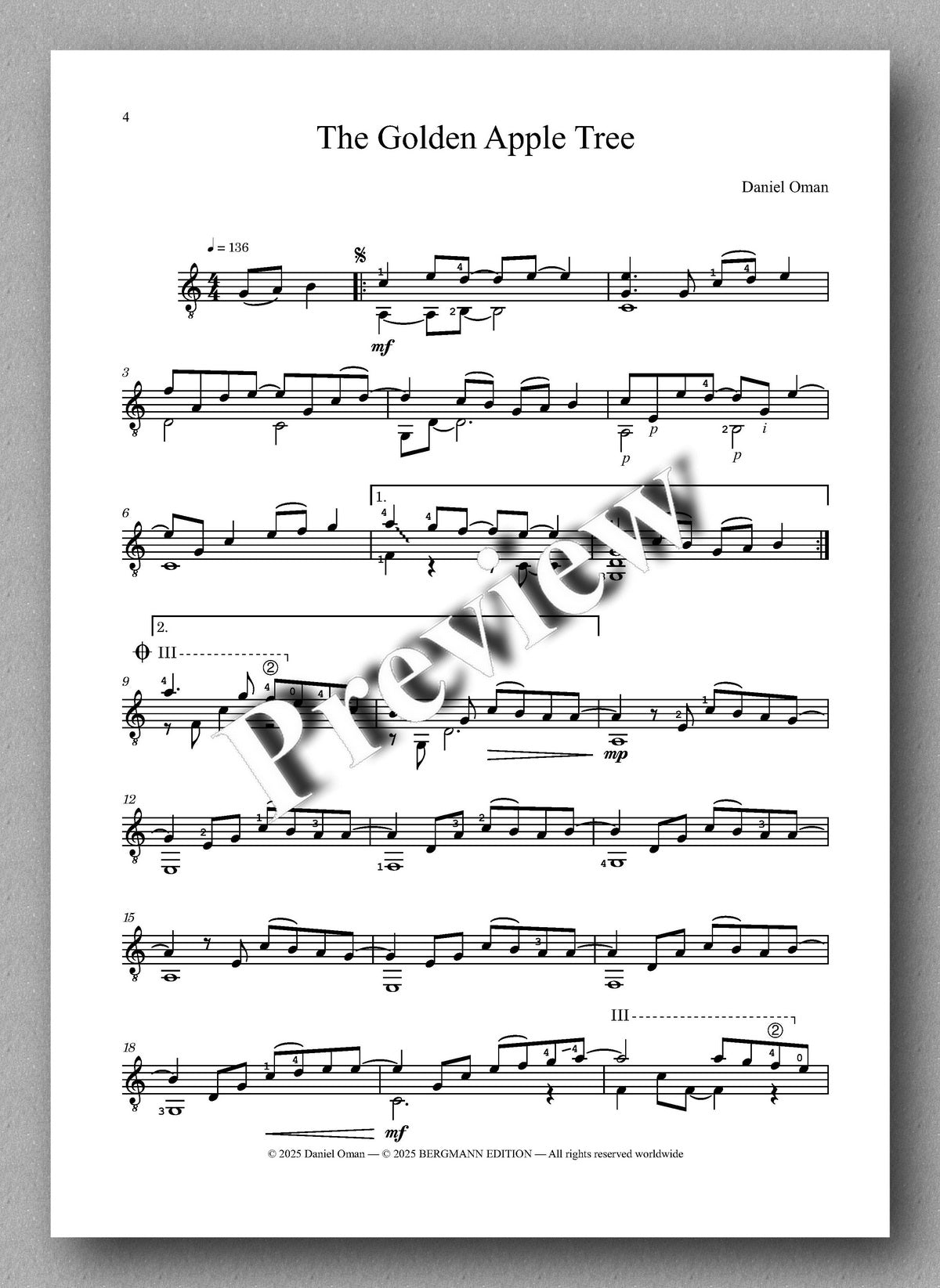 Sheet music for 'The Golden Apple Tree' by Daniel Oman on a white background