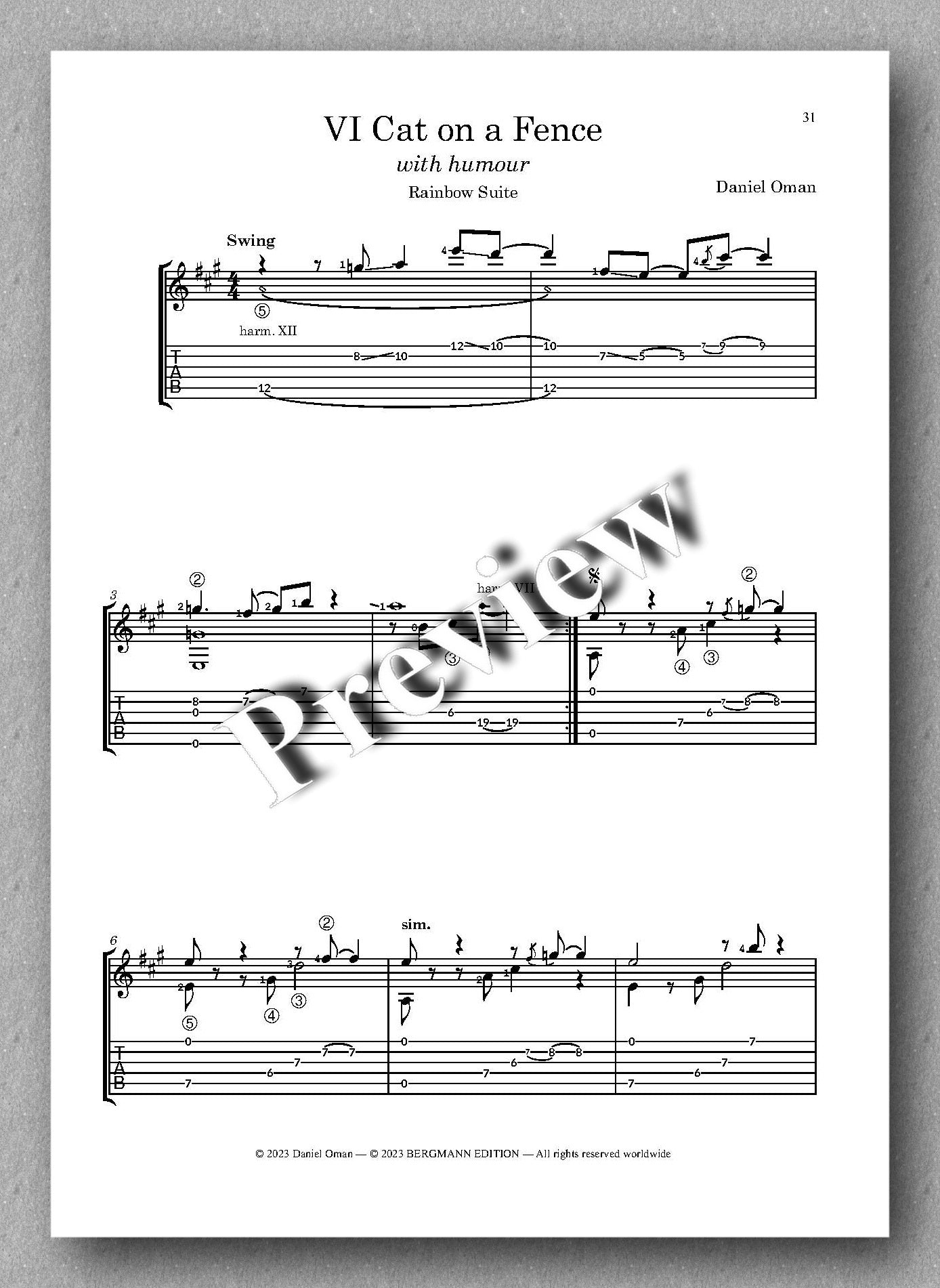 Daniel Oman, Rainbow Suite - preview of the Music score -TAB version 3