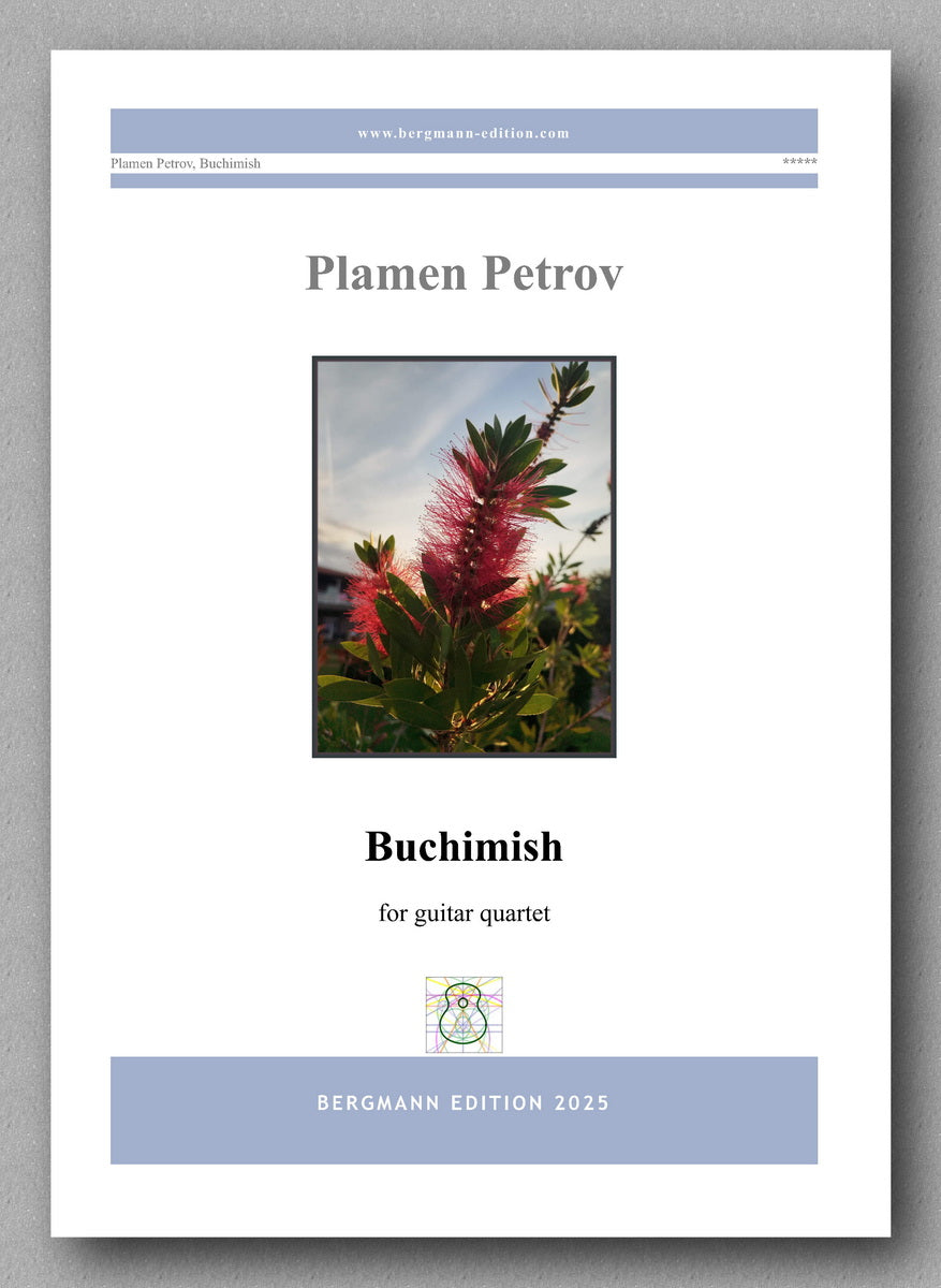 Sheet music cover for 'Buchimish' by Plamen Petrov with a flower image on a gray background