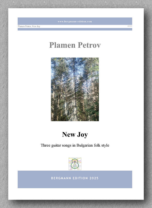 Sheet music cover for 'New Joy' by Plamen Petrov with a forest image on a gray background