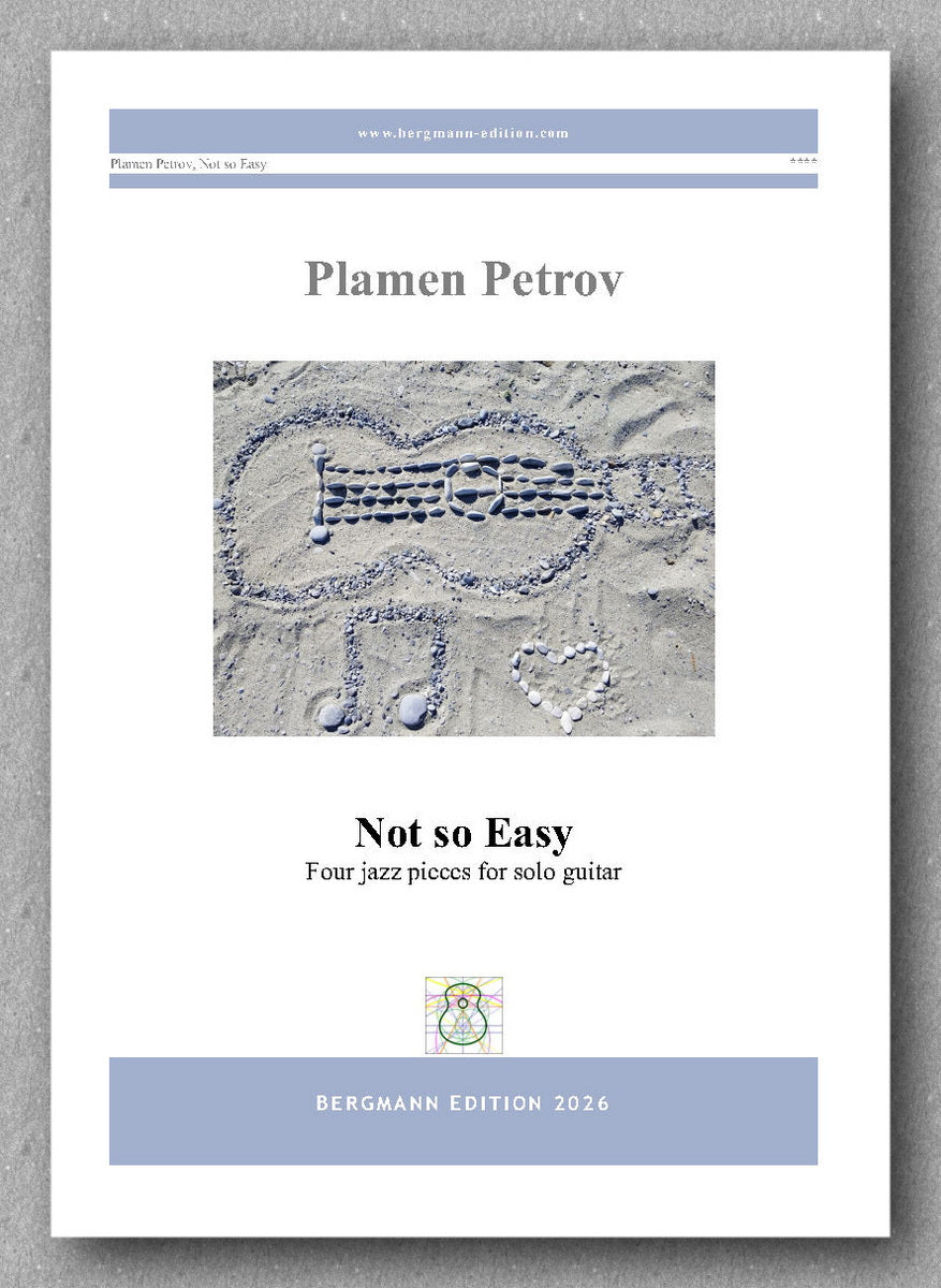 Sheet music cover for 'Not so Easy' by Plamen Petrov with a guitar illustration on a gray background.