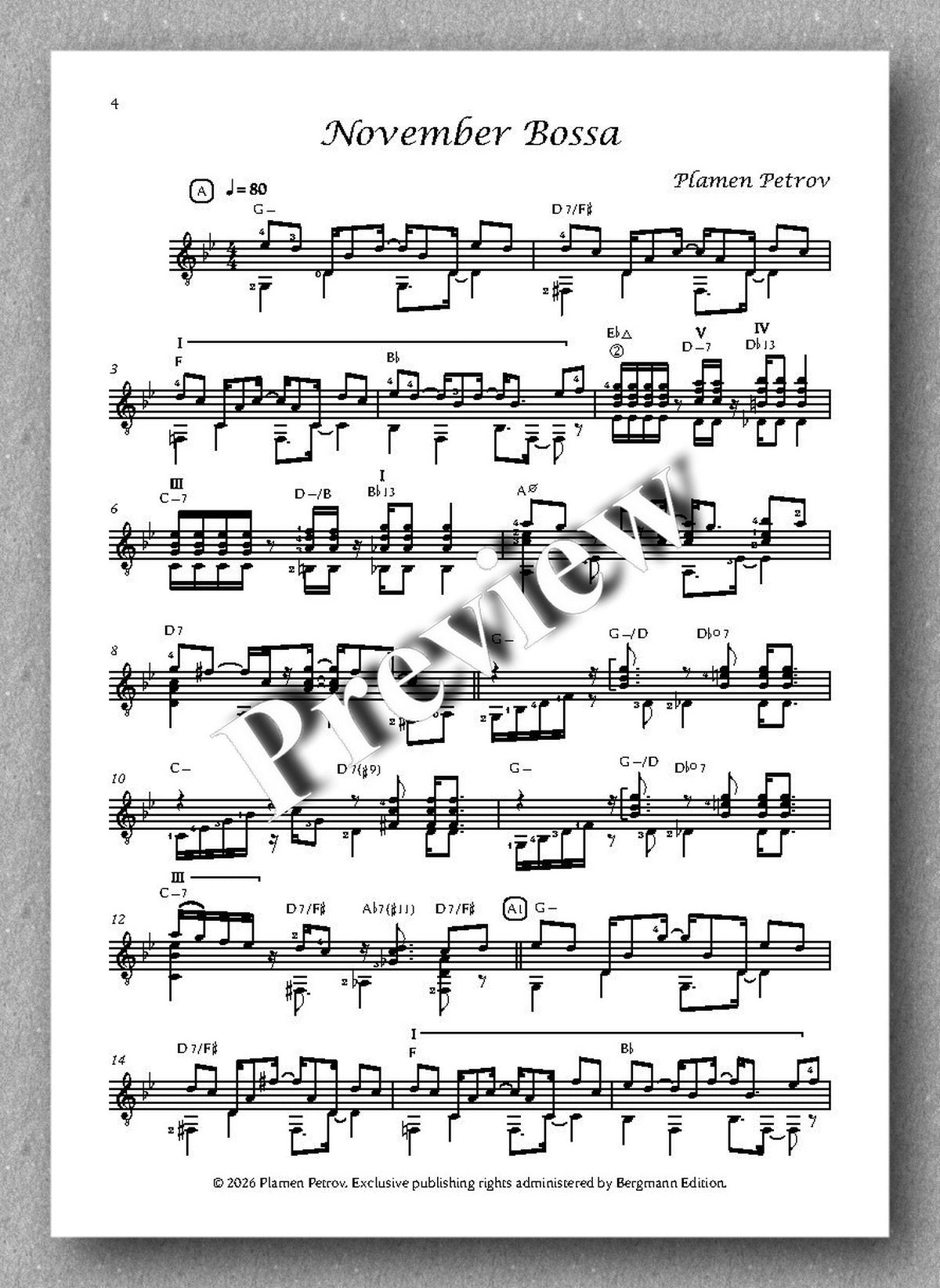 Sheet music for 'November Bossa' by Plamen Petrov on a white background