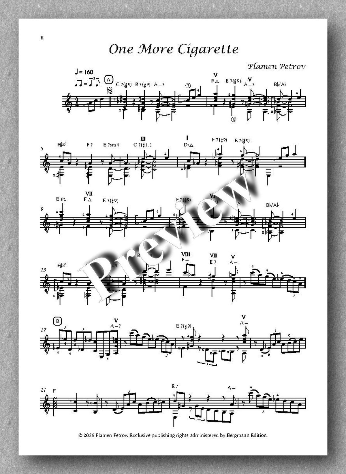 Sheet music for 'One More Cigarette' by Plamen Petrov on a white background