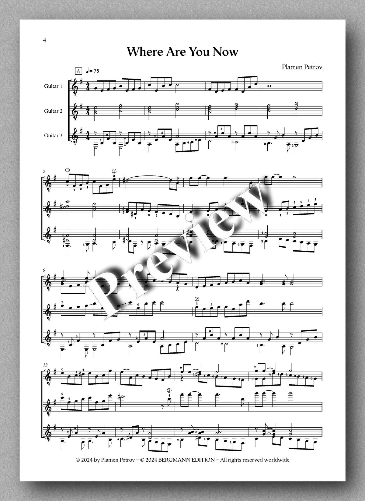 Where Are You Now, guitar trio by Plamen Petrov - preview of the music score 1