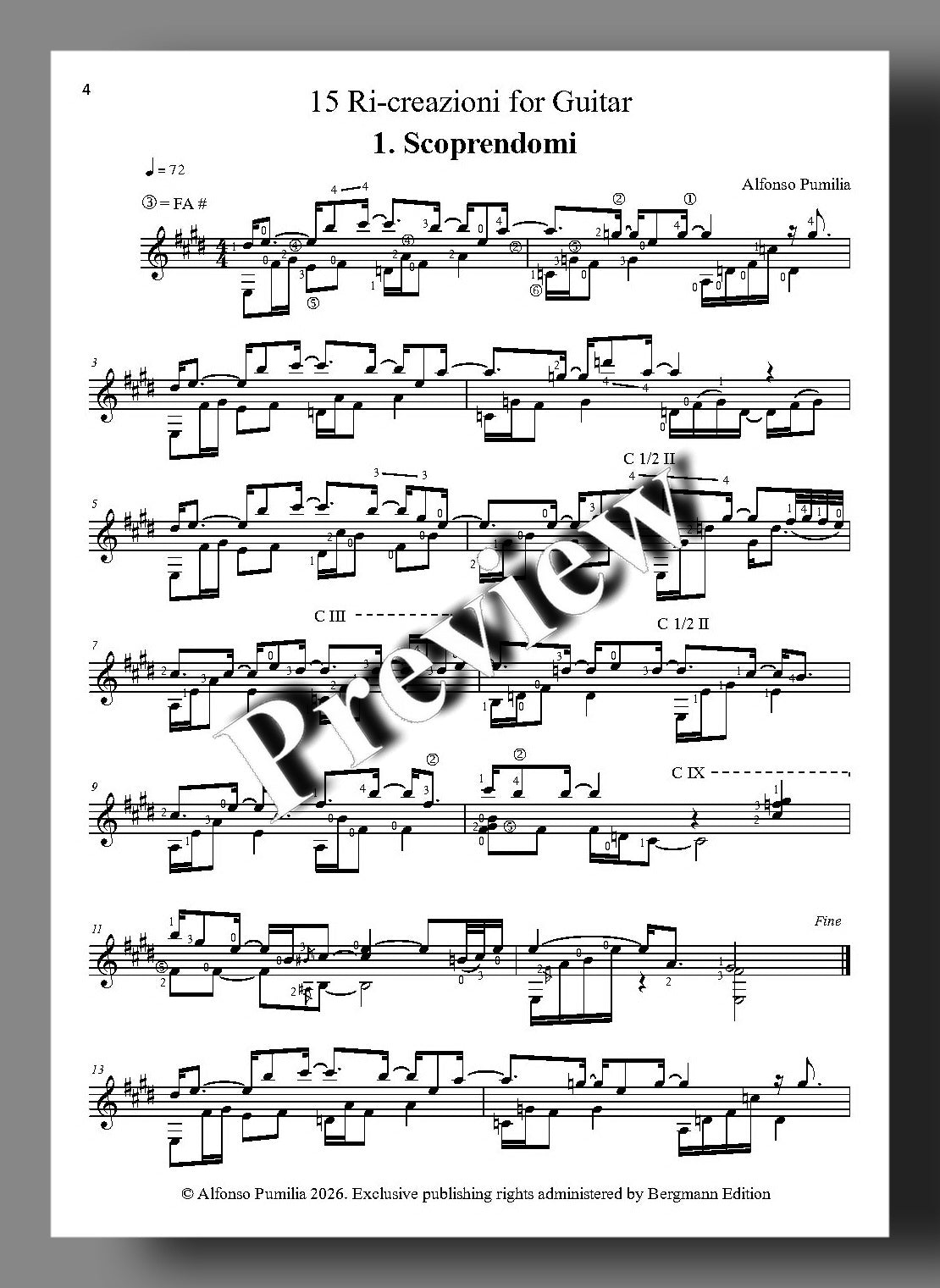 A printed sheet music page for 'Scoprendomi' by Alfonso Pumilia, showing multiple systems of musical notation and clefs on a white page, with a large diagonal 'Preview' watermark across the centre.