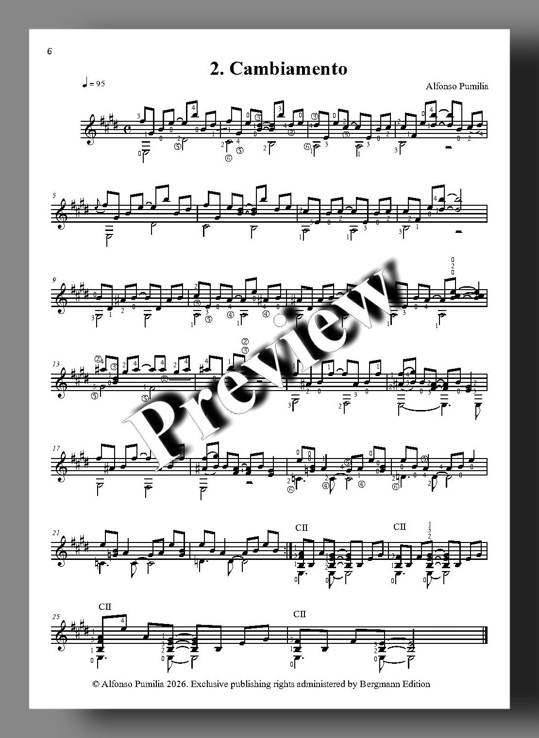 A printed sheet music page for 'Cambiamento' by Alfonso Pumilia, showing multiple systems of musical notation and clefs on a white page, with a large diagonal 'Preview' watermark across the centre.