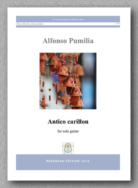 Sheet music cover for 'Antico carillon' by Alfonso Pumilia with a carillon image on a gray background