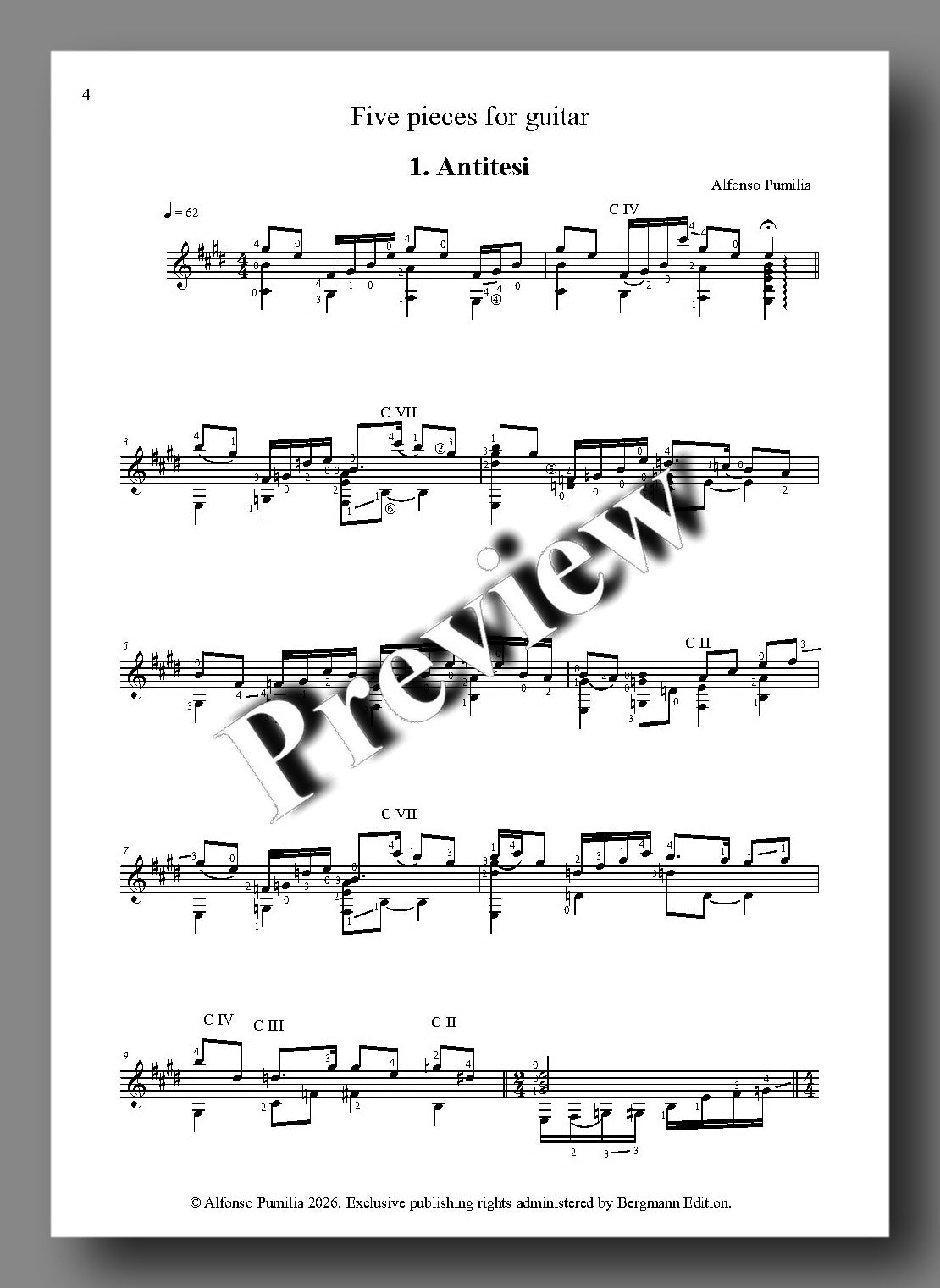 Sheet music for Five Pieces for Guitar by Alfonso Pumilia with a preview watermark