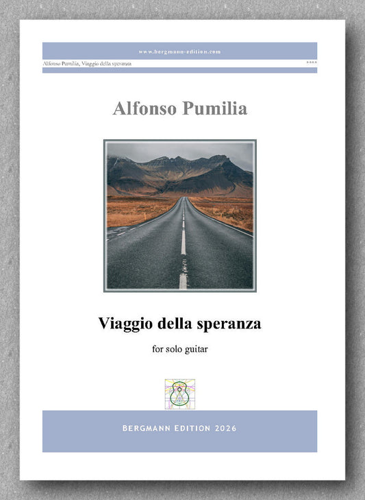 Music sheet cover for 'Viaggio della speranza' by Alfonso Pumilia with a road and mountain landscape illustration.
