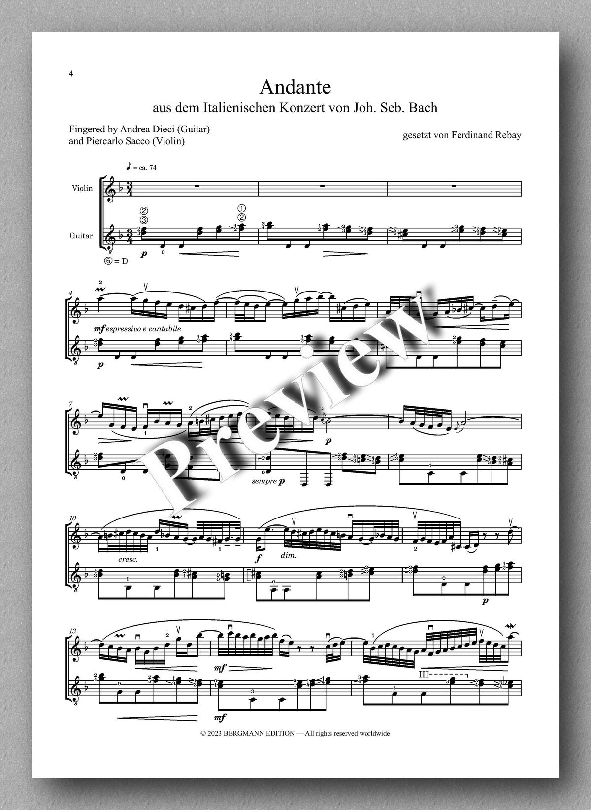 Ferdinand Rebay, Andante aus dem Italienischen Konzert von J.S. Bach - preview of the music score 1