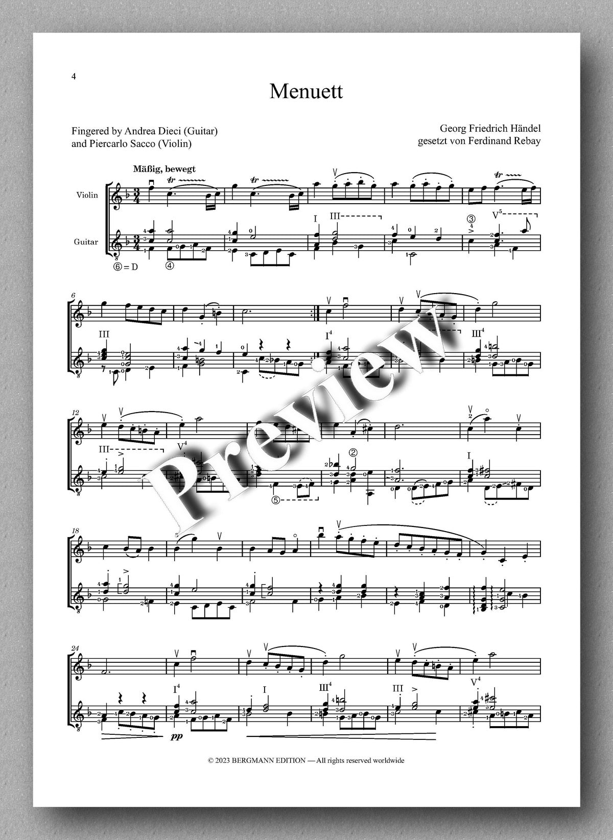Ferdinand Rebay, Menuett by Händel - preview of the music score 