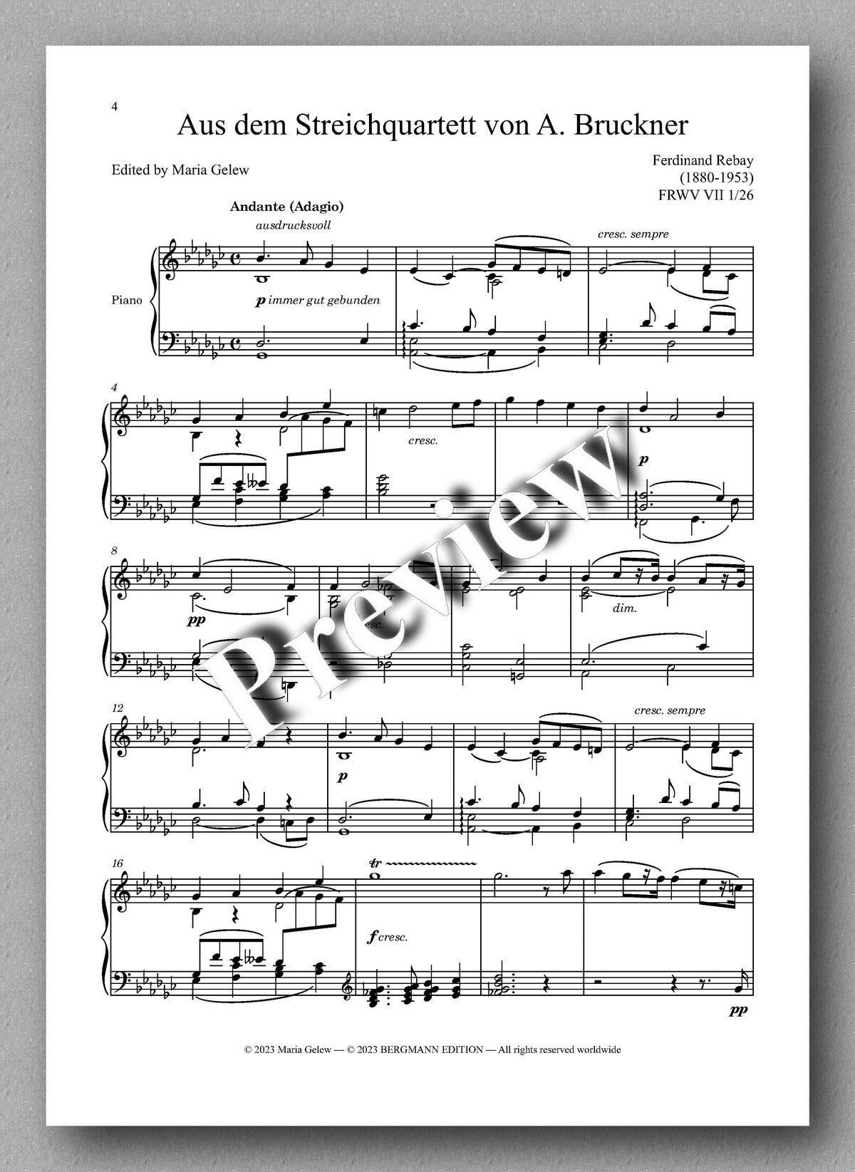 Ferdinand Rebay, Aus dem Streichquartett von A. Bruckner - preview of the music score 1