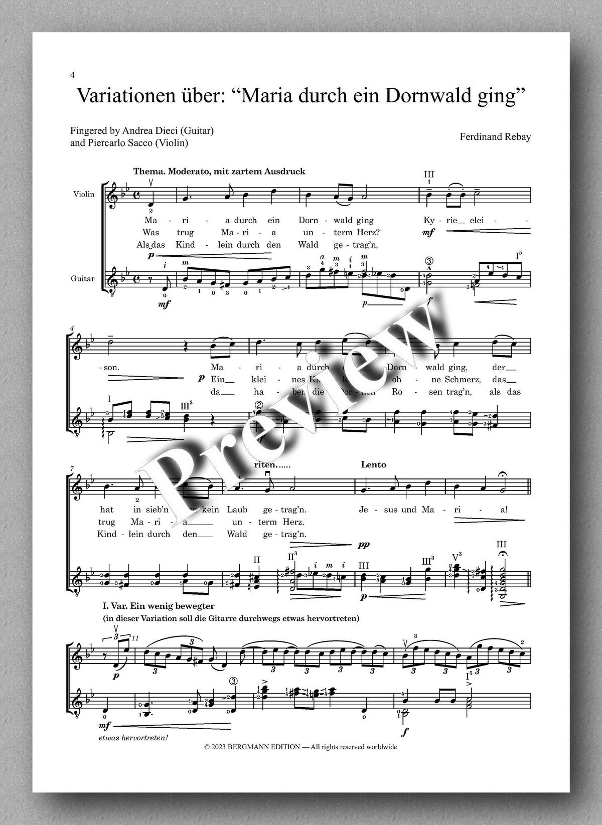 Ferdinand Rebay, Variationen über: “Maria durch ein Dornwald ging” - preview of the music score 1