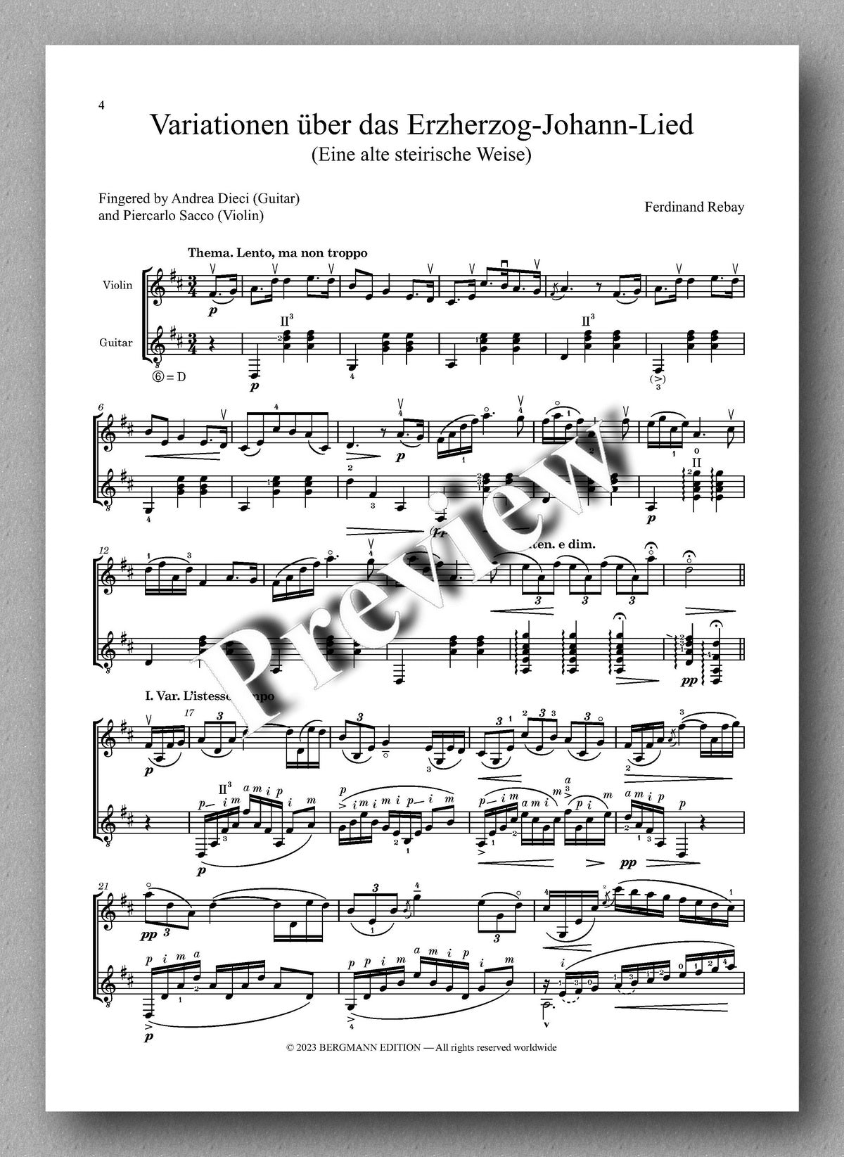 Ferdinand Rebay, Variationen über das ErzherzogJohann-Lied - preview of the music score 1