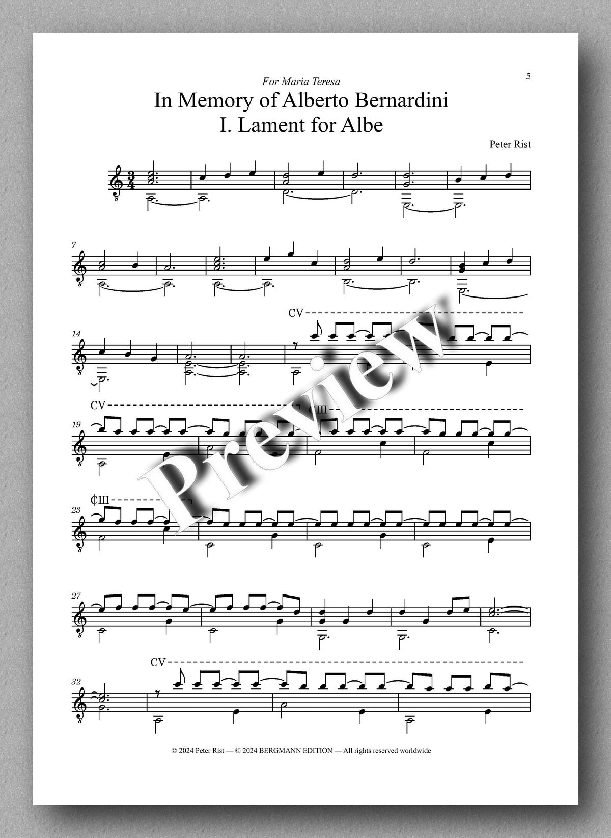 In Memory of Alberto Bernardini by Peter Rist - preview of the music score 1