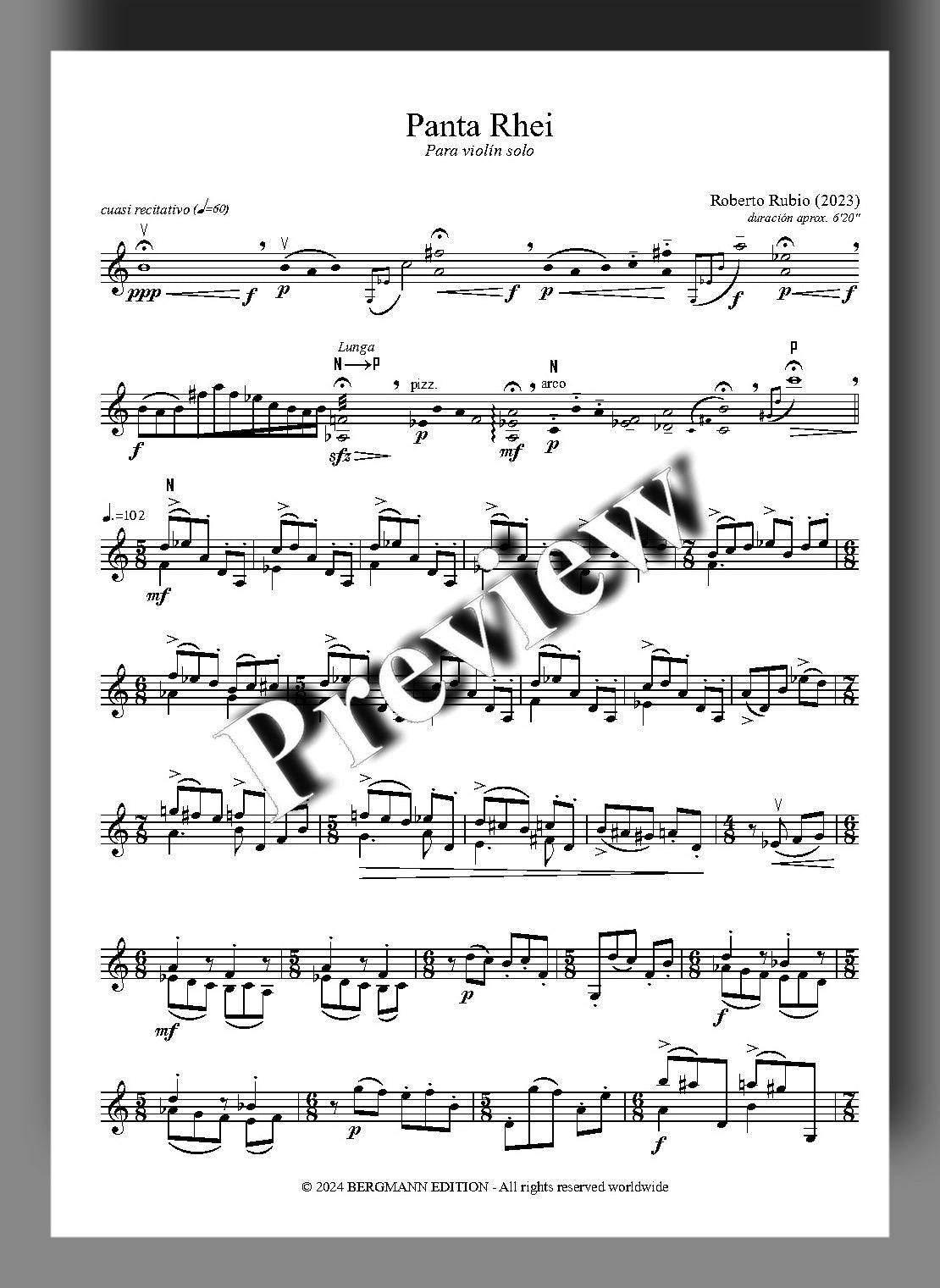 Sheet music for violin solo titled 'Panta Rhei' by Roberto Rubio with a 'Preview' watermark.