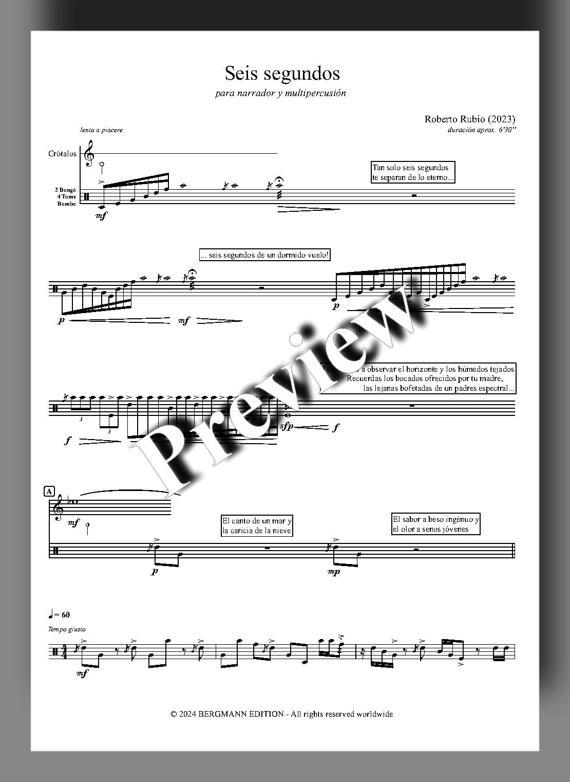 Sheet music for a musical piece titled 'Seis segundos' by Roberto Rubio with 'preview' watermark.