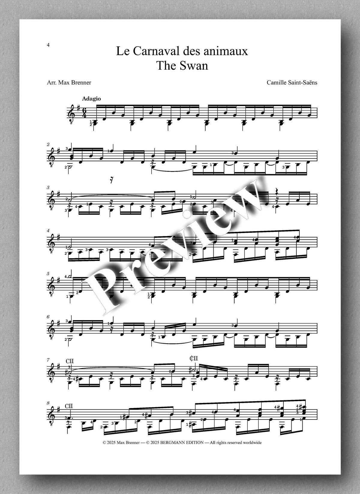 Camille Saint-Saëns, The Swan, preview of the music score