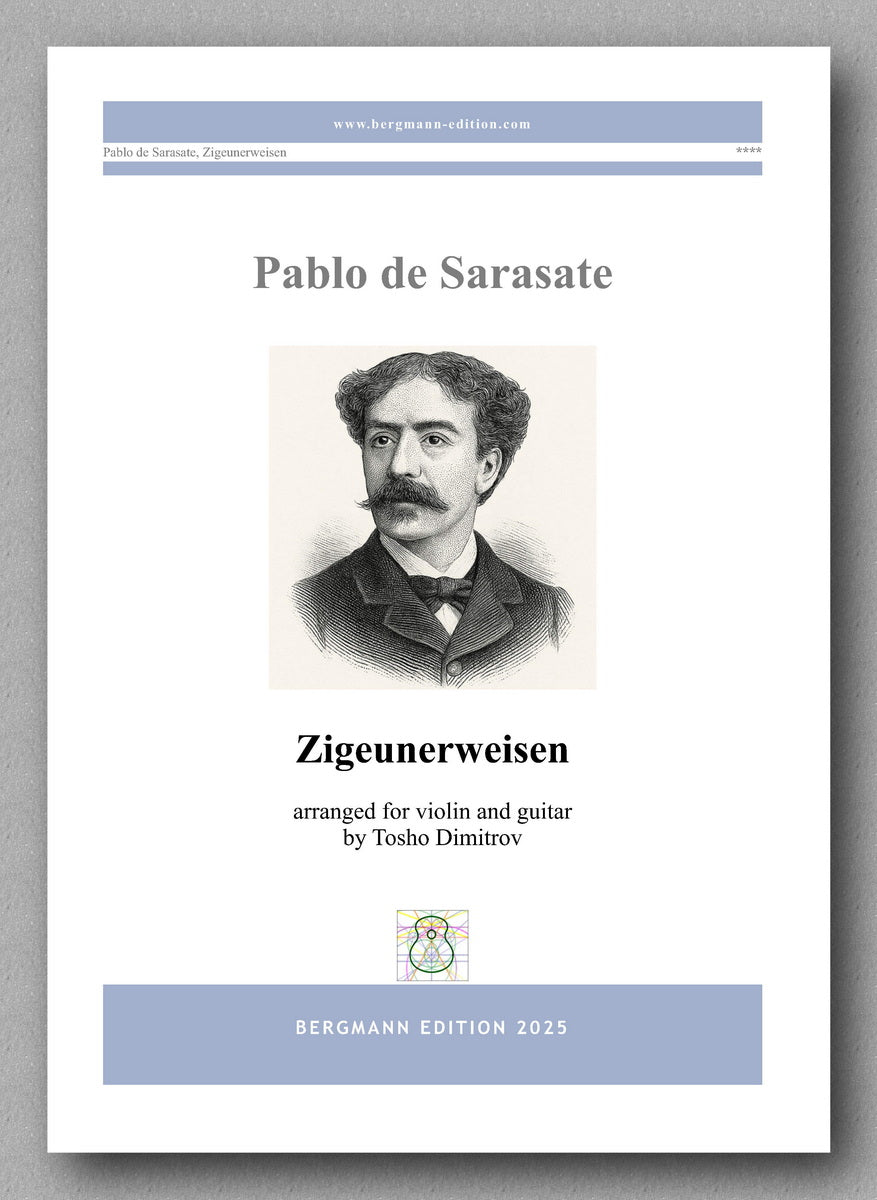 Sheet music cover for 'Zigeunerweisen' by Pablo de Sarasate, arranged for violin and guitar, with a portrait of the composer on the cover.