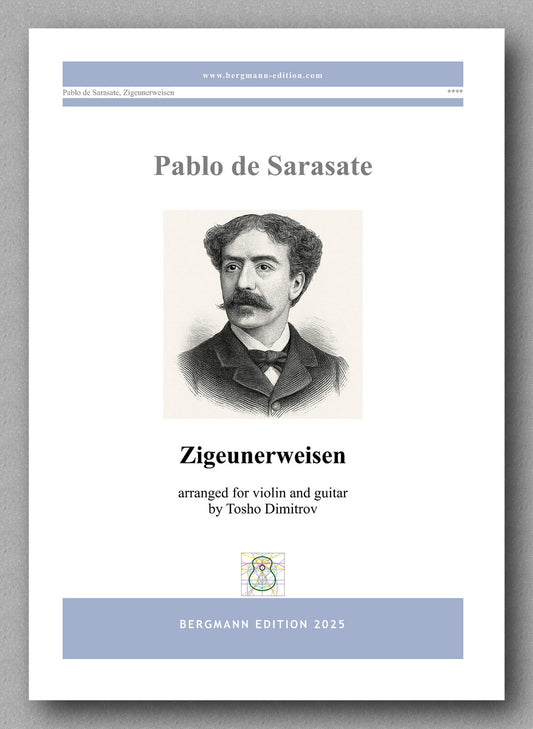 Sheet music cover for 'Zigeunerweisen' by Pablo de Sarasate, arranged for violin and guitar, with a portrait of the composer on the cover.