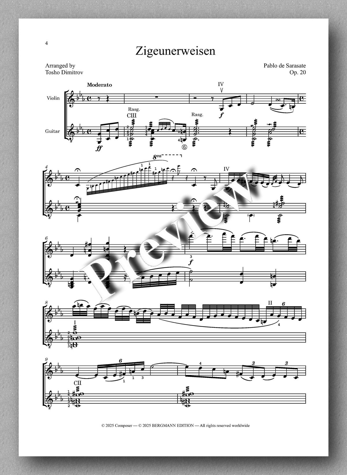 Sheet music for 'Zigeunerweisen' by Pablo de Sarasate with a 'Preview' watermark.