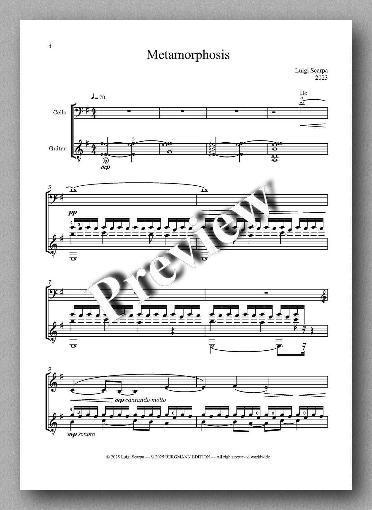 Luigi Scarpa, Metamorphosis, For cello and guitar - preview of the music score 1