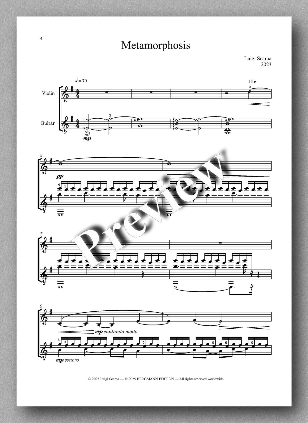 Luigi Scarpa, Metamorphosis. For violin and guitar - preview of the music score 1