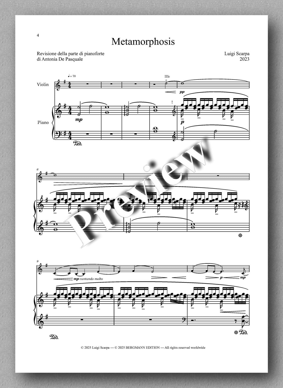Luigi Scarpa, Metamorphosis. For violin and piano. Preview of the music score 1