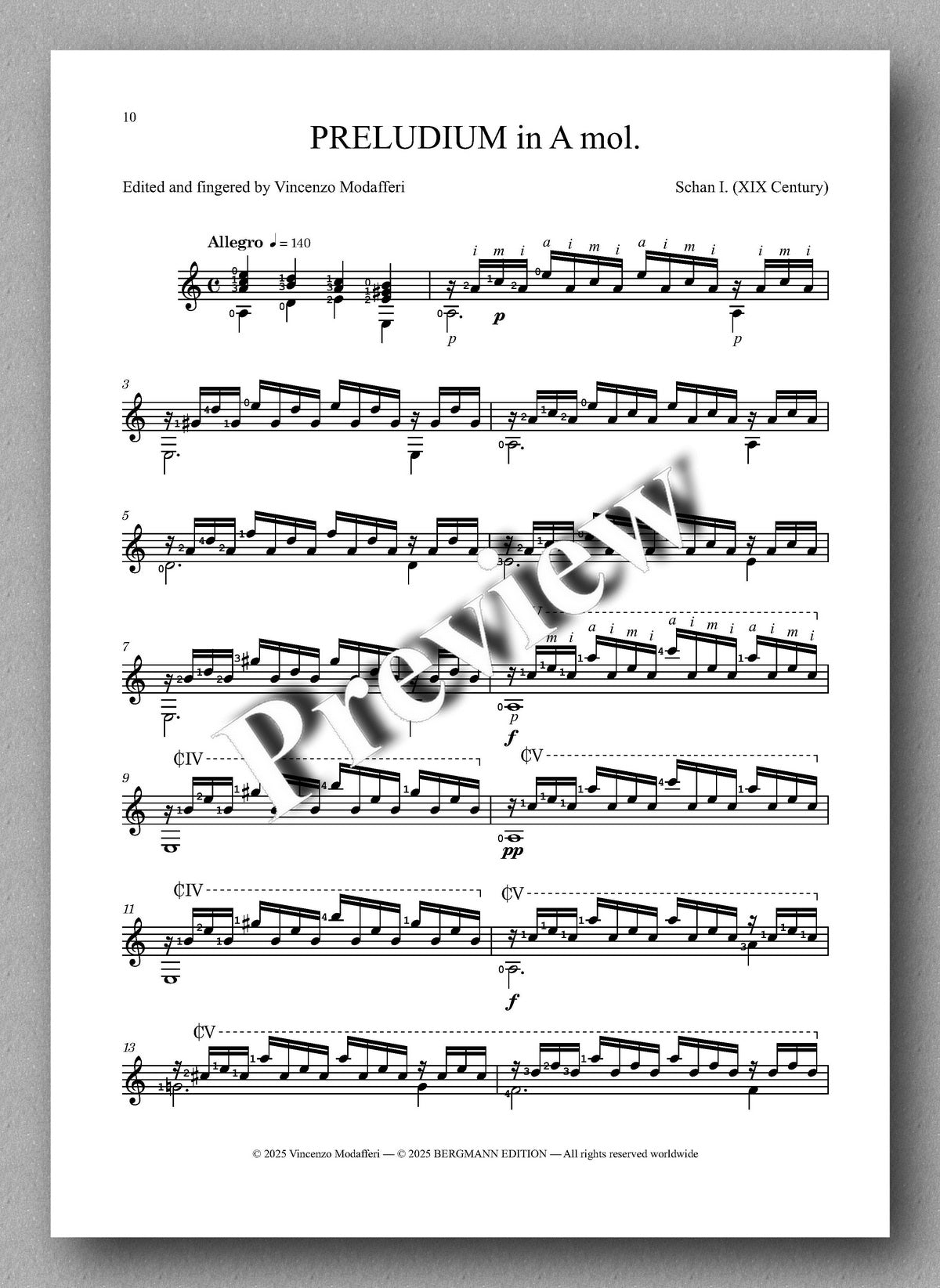 Sheet music for 'Preludium in A moll' edited by Vicenzo Modafferi on a light gray background.