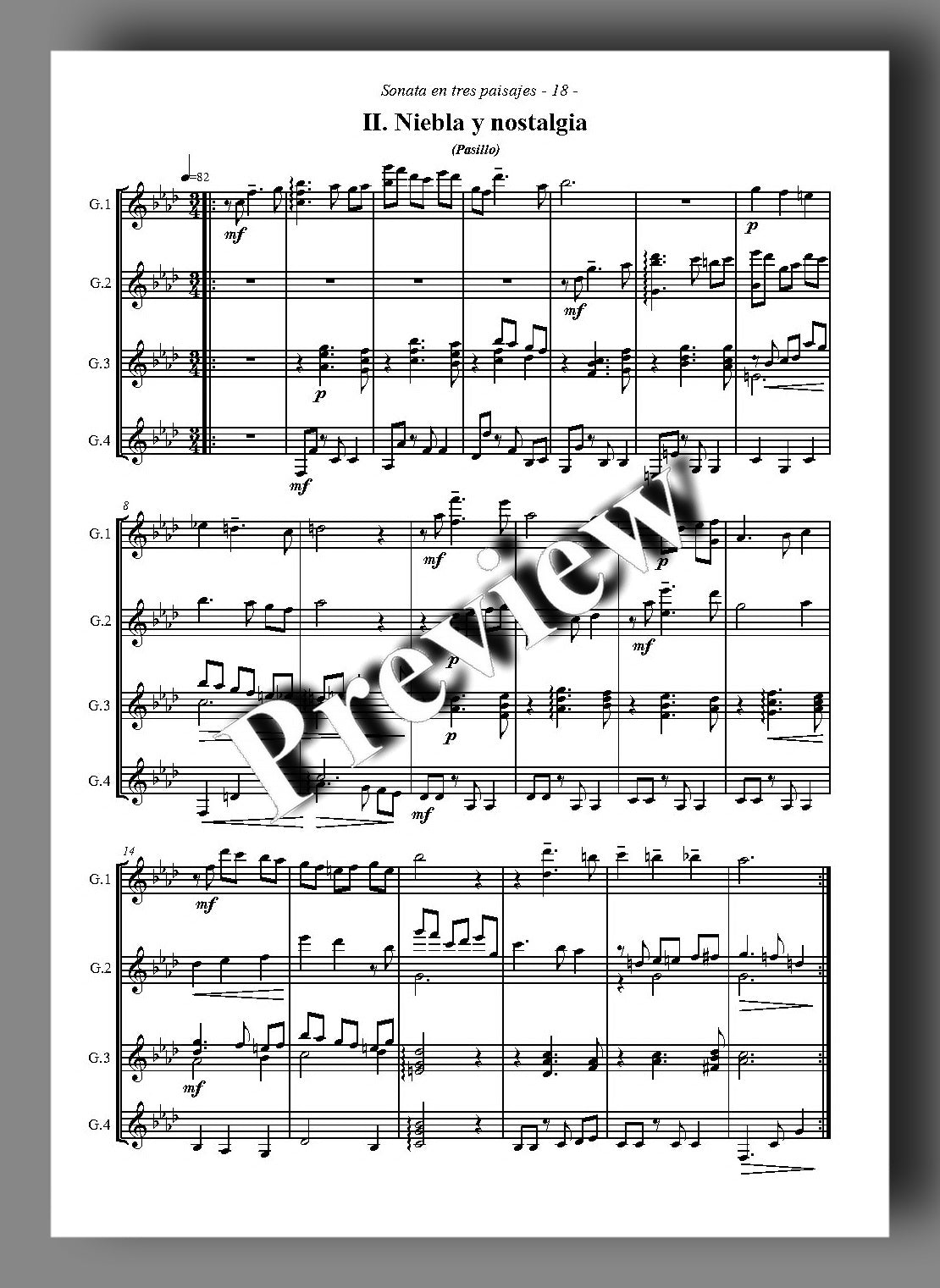 Sheet music page for 'Sonata en tres paisajes - 2nd movement' by Roberto Rubio, featuring  musical notation and a large diagonal 'Preview' watermark across the center.