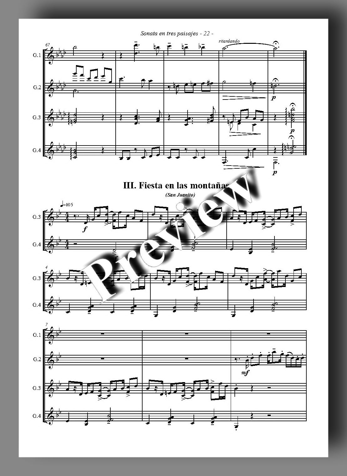Sheet music page for 'Sonata en tres paisajes - 3rd movement' by Roberto Rubio, featuring  musical notation and a large diagonal 'Preview' watermark across the center.