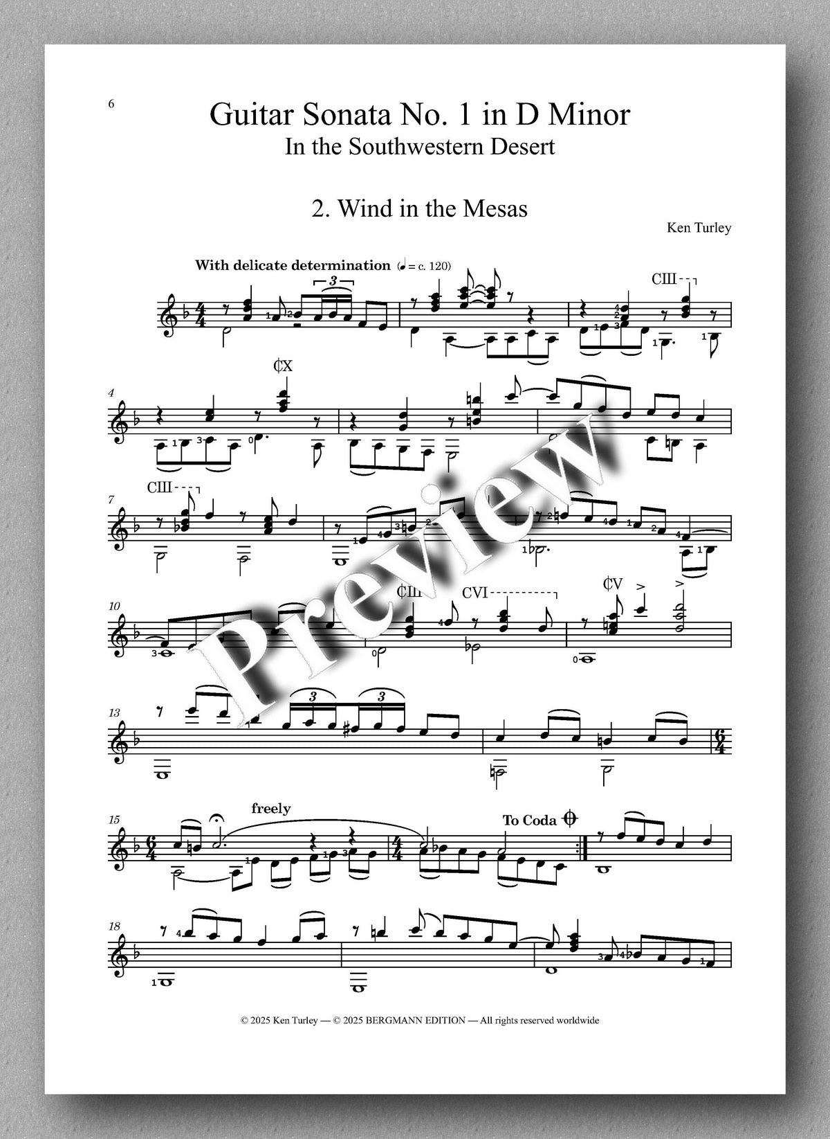 Ken Turley, Guitar Sonata No. 1 in D Minor - preview of the music score 2