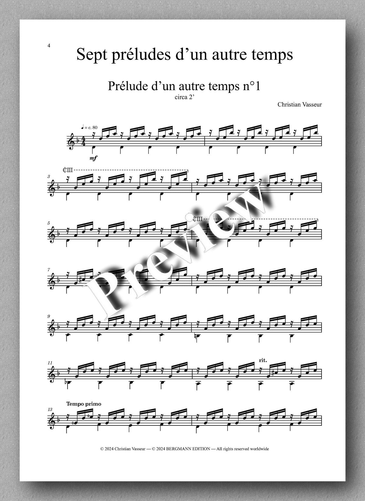 Sept préludes d’un autre temps by Christian Vasseur - preview of the music score 1