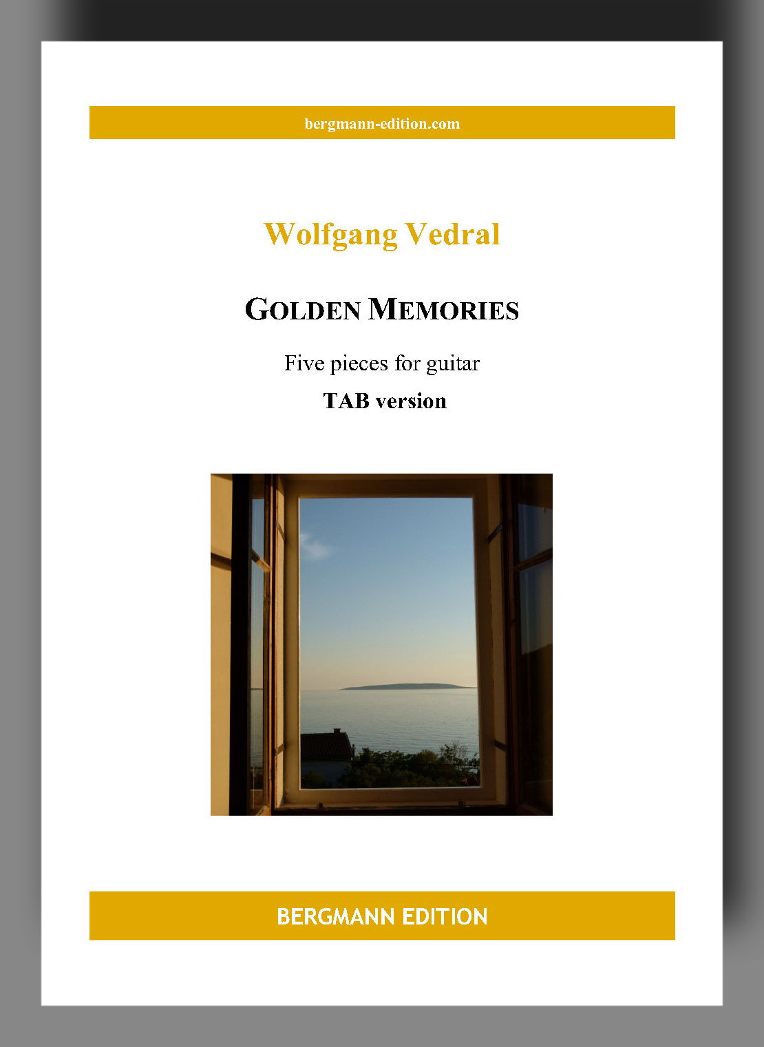 Music sheet cover for 'Golden Memories' (TAB version) by Wolfgang Vedral with a scenic window view.