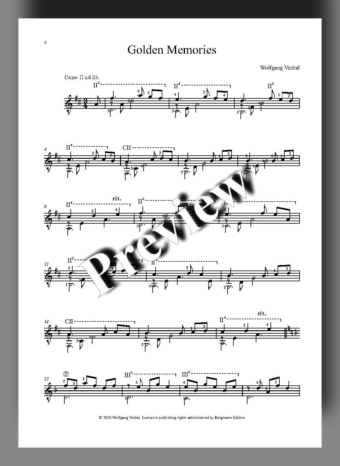 Sheet music for 'Golden Memories' by Wolfgang Vedral with a 'Preview' watermark.