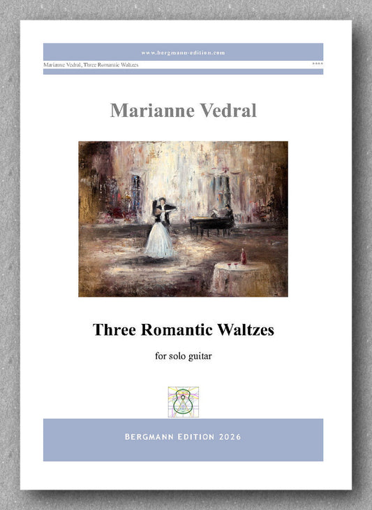 Sheet music cover for 'Three Romantic Waltzes' by Marianne Vedral with an illustration of a couple dancing.