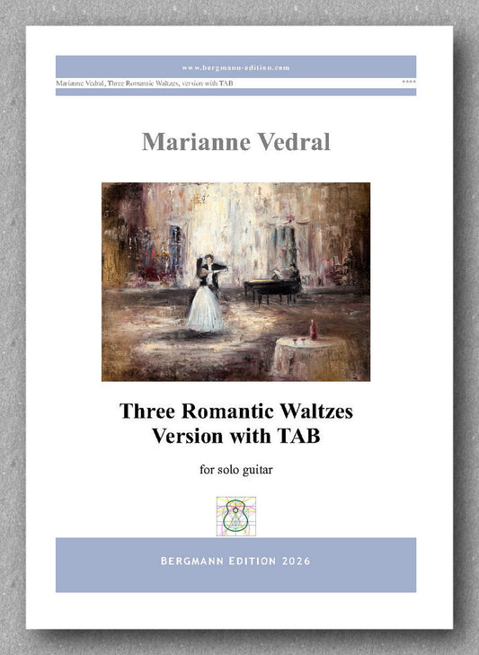 Sheet music cover for 'Three Romantic Waltzes' by Marianne Vedral with an image of a couple dancing.
